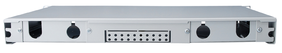 Gray metal fiber optic splice box with quick lock mechanism, featuring multiple round ports and ventilation holes for efficient cable management.
