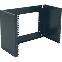 Black metal wall mounting patch bracket designed for 483 mm (19") installations, featuring cutouts for cable management and multiple mounting holes for secure attachment.