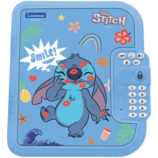 Blue electronic diary featuring Disney's Stitch with colorful graphics, a keypad, and a playful design including flowers, a rainbow, and the word "SMILE!"