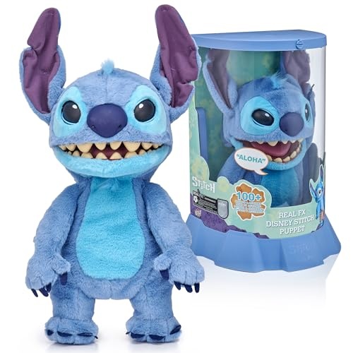 Blue plush Stitch puppet with large ears, expressive eyes, and a wide grin, featuring a soft texture and interactive features, displayed in a clear packaging with a blue base.
