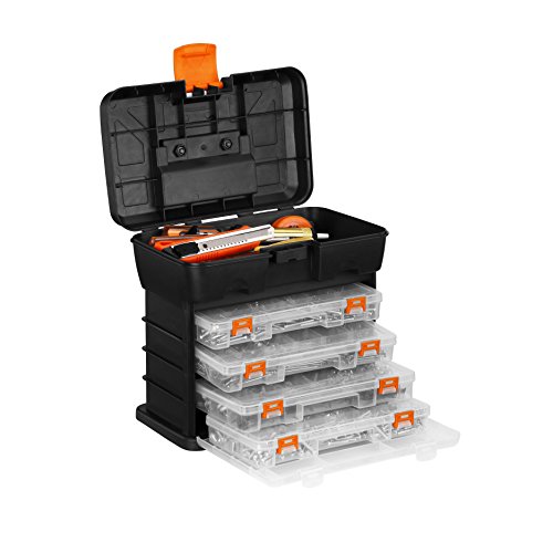 Black DIY carry case with an orange latch, featuring a top compartment and four transparent storage boxes stacked inside for organizing tools and small parts.