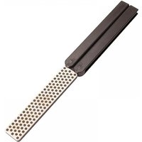 Black DMT Diafold diamond whetstone with 110mm extra coarse 220 grit surface and foldable handle.