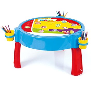 Bright blue activity table with a colorful top featuring numbers and shapes, red legs, and yellow cup holders filled with crayons, includes 100 JumBlocks for creative play.