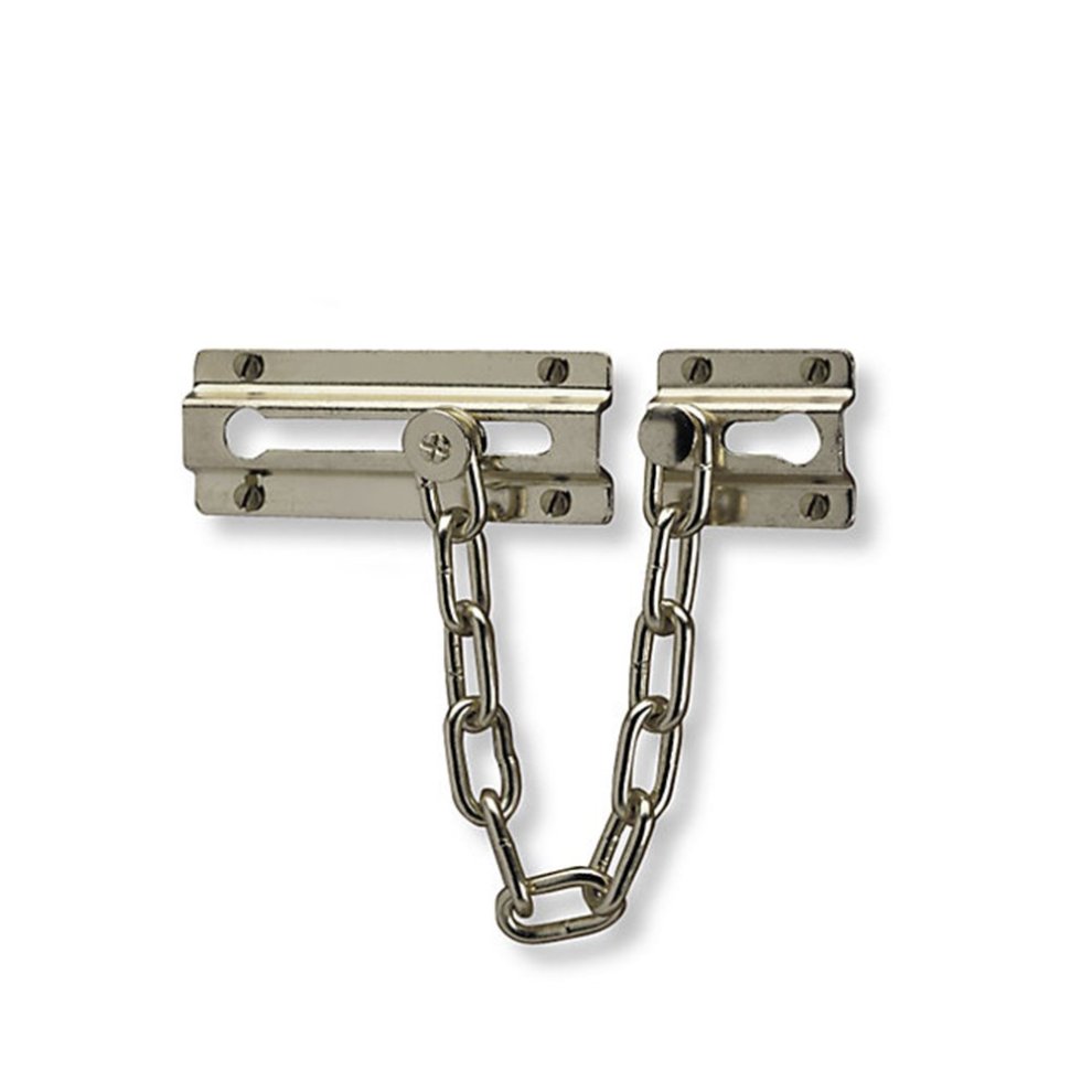 Chrome door chain with a sturdy metal construction, featuring two rectangular plates and a linked chain for added security.