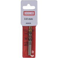 Dormer A002S 3.0mm HSS-TiN coated jobber drills, gold-tipped, in red plastic case with white label.