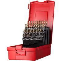 Red case with 51-piece gold TiN-coated drill set, sizes 1mm-6mm, organized in black holders.