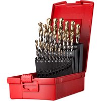 Red case with 25-piece Dormer drill set, gold TiN-coated bits ranging from 1.0mm to 13mm, organized in slots.