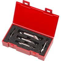 Red case with foam insert holding five silver Dormer HSS metric center drills, lid open, compact design.