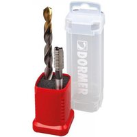 Dormer HSS Duo M3 tap and drill bit set in red holder, with clear plastic case in the background.