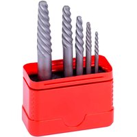 Red plastic case holding five spiral fluted screw extractors in varying sizes, from M5 to M20, by DORMER.