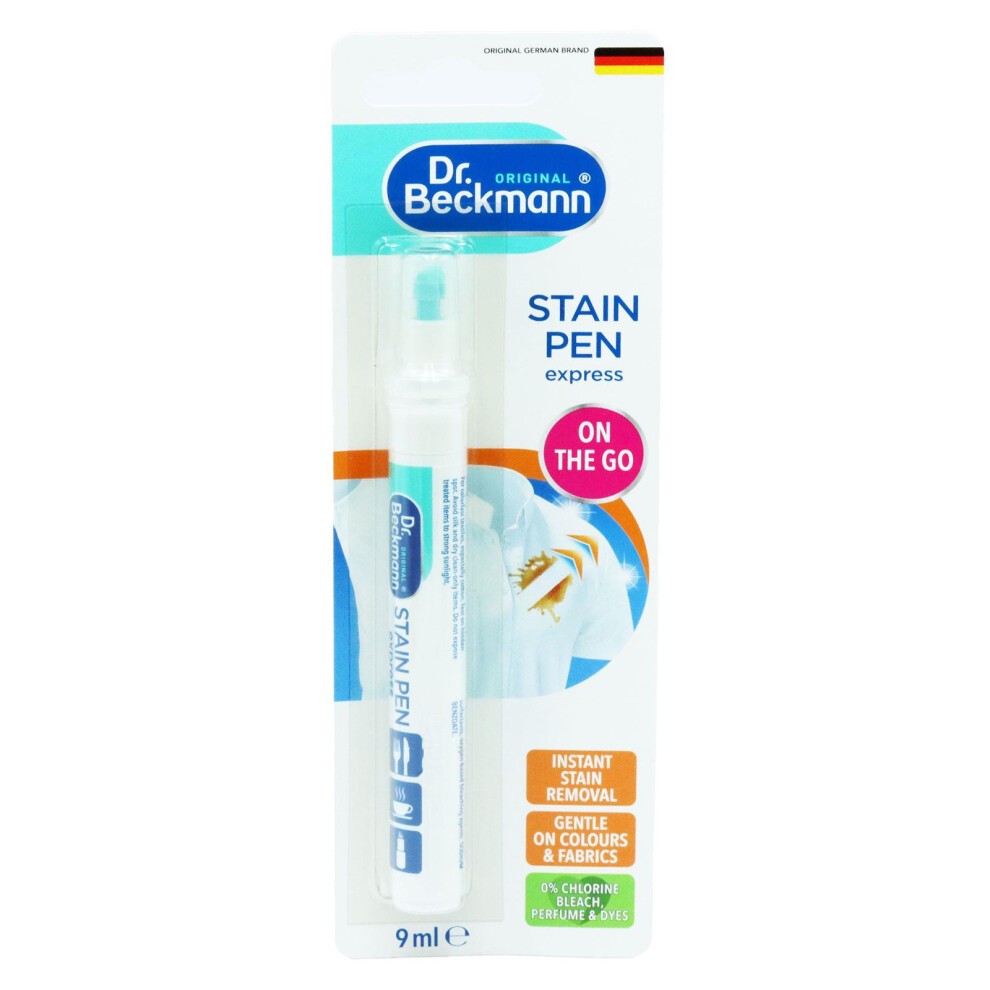 White stain removal pen with a turquoise cap, featuring a clear plastic barrel and blue accents, packaged in a colorful card with text highlighting its instant stain removal features.