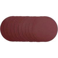 Red Draper sanding discs, 125mm, hook and loop, 240 grit, pack of 10, stacked in a slightly fanned arrangement.