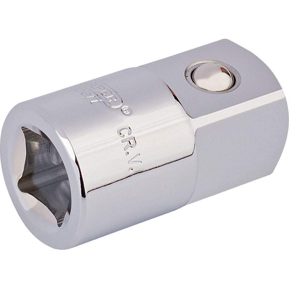 Chrome-plated socket converter with a 1/2" female end and a 3/4" male end, featuring a smooth finish and a ball detent for secure attachment.