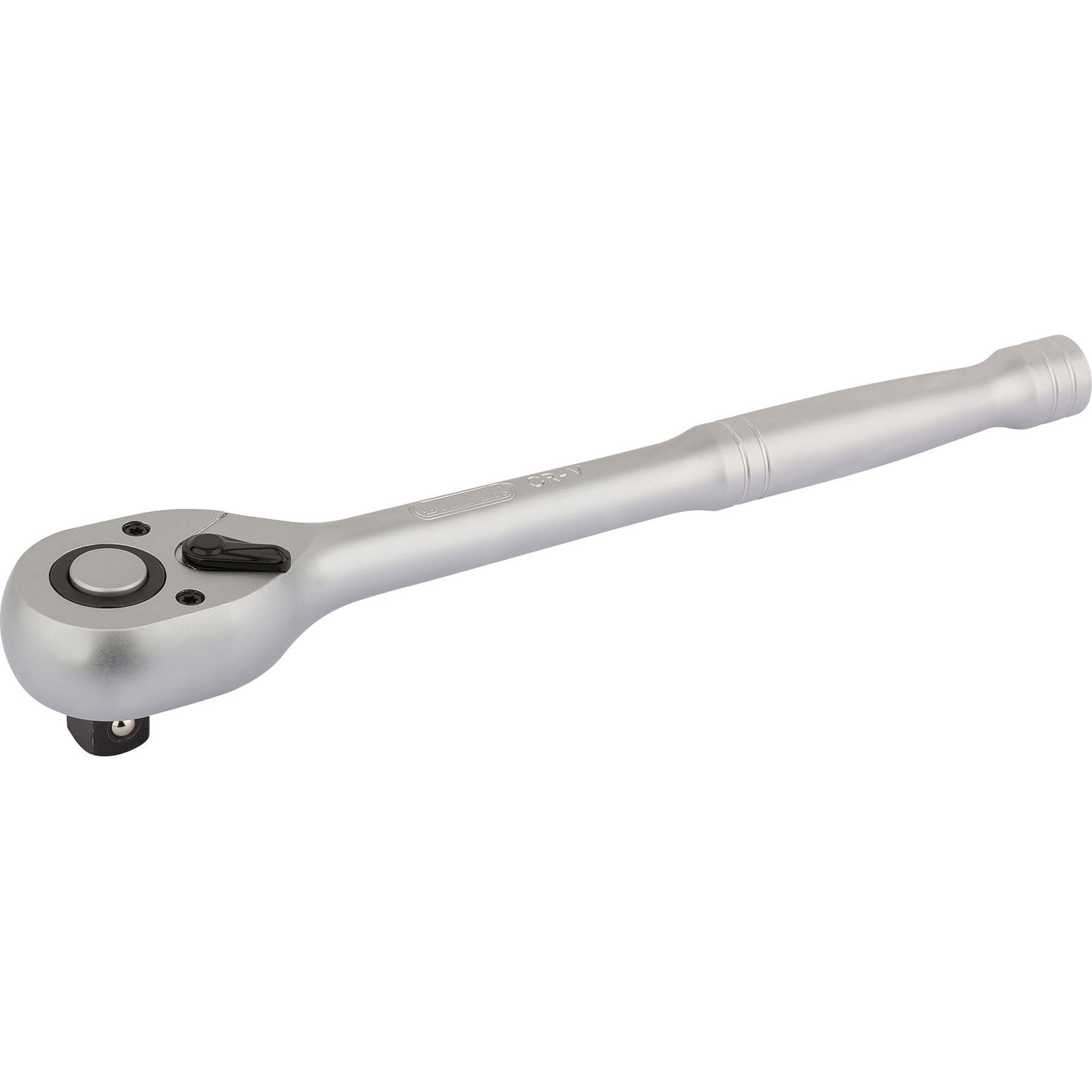 Silver metal ratchet with a 1/2" square drive, featuring a 72-tooth mechanism and a reversible switch for direction adjustment.