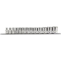 Draper 1/2'' square drive imperial sockets on a metal rail, silver finish, various sizes aligned in a row