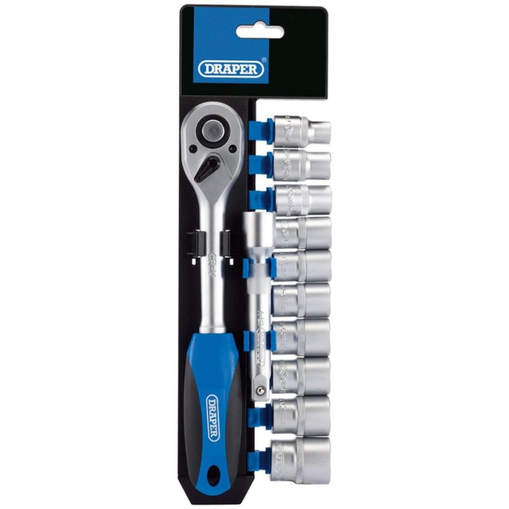 Draper 16374 12-piece metric socket and ratchet set featuring a chrome-plated ratchet handle with a blue grip and shiny silver sockets, displayed on a black backing.