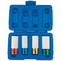 Blue case with four Draper 1/2" wheel nut sockets in red, blue, gold, and green for alloy wheels.