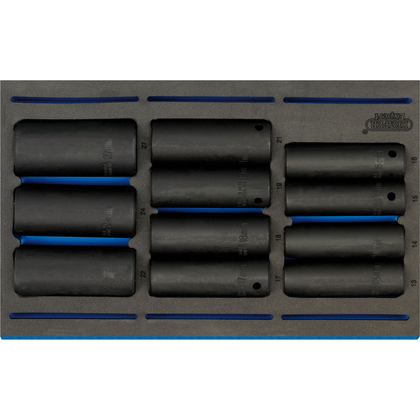 Black 1/2" square drive impact socket set arranged in a foam insert with blue accents, featuring various sizes labeled from 13mm to 32mm, designed for durability and easy organization.