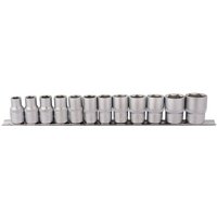 Draper 1/2'' square drive socket set on metal rail, featuring 12 silver sockets in varying sizes, neatly aligned.