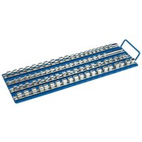 Blue Draper socket retaining bar carrier with three rows for 1/4'', 3/8'', 1/2'' square drive sockets.