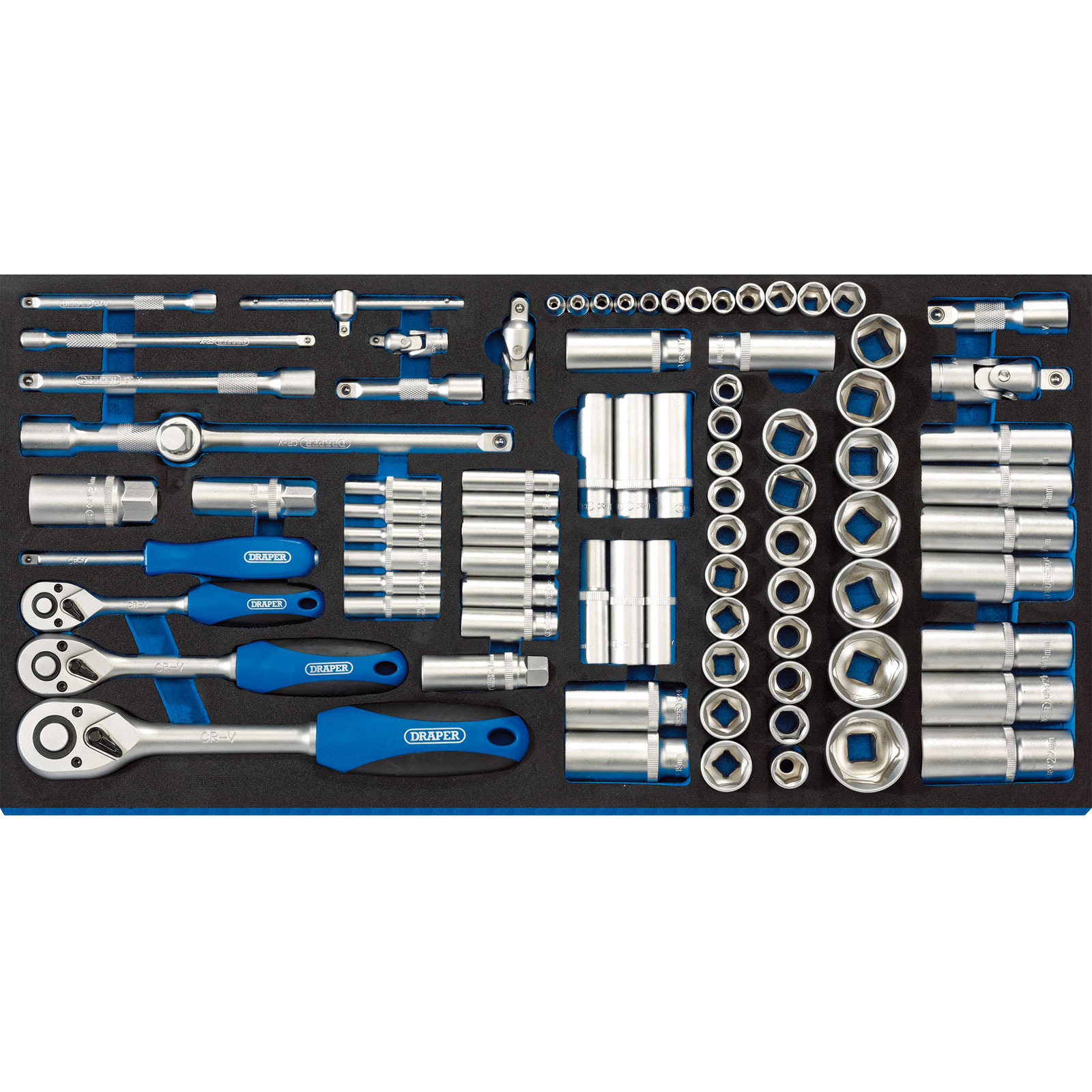 Draper 63540 socket set featuring a full drawer EVA insert, with chrome-plated steel sockets in 1/4", 3/8", and 1/2" sizes, and blue rubberized ratchet handles.