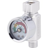 Draper 1/4" BSP air regulator with silver gauge, clear dial, colored pressure indicators, and knurled adjustment knob.