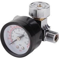 Black and chrome Draper air regulator with round pressure gauge, marked up to 180psi, and 1/4" BSP fitting.