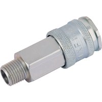 Draper silver metal Euro coupling with 1/4" BSP male thread, hexagonal nut, and knurled grip.