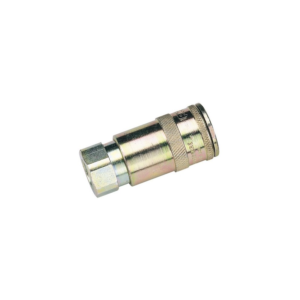 Draper 51401 1/4" BSP taper female thread air coupling, featuring a metallic finish with a hexagonal connector and knurled grip for easy handling.