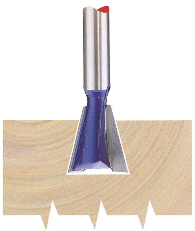 Draper 75346 TCT router bit with a 1/4" shank, featuring a silver steel body, blue coating, and a sharp dovetail cutting edge, designed for precision woodworking.