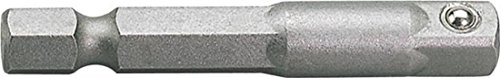 Silver metal 1/4" square drive to 1/4" hexagon bit adaptor with a ball detent for secure bit retention, featuring a smooth, polished finish.