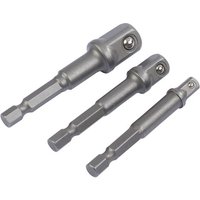 Set of three silver Draper hex to square drive adaptors with hex shank and ball detent, varying lengths for tool compatibility.