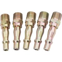 Five brass-colored Draper 1/4" male thread PCL coupling screw adaptors with hexagonal base.