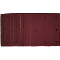 Red Draper sanding sheets, 115x105mm, assorted grit, pack of 10, with hook and loop backing, stacked in a row.