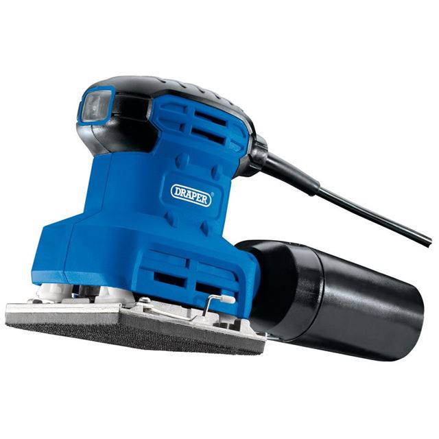 Blue and black electric 1/4 sheet sander with a rectangular sanding pad, dust collection bag, and ergonomic grip, featuring a power cord for easy use.