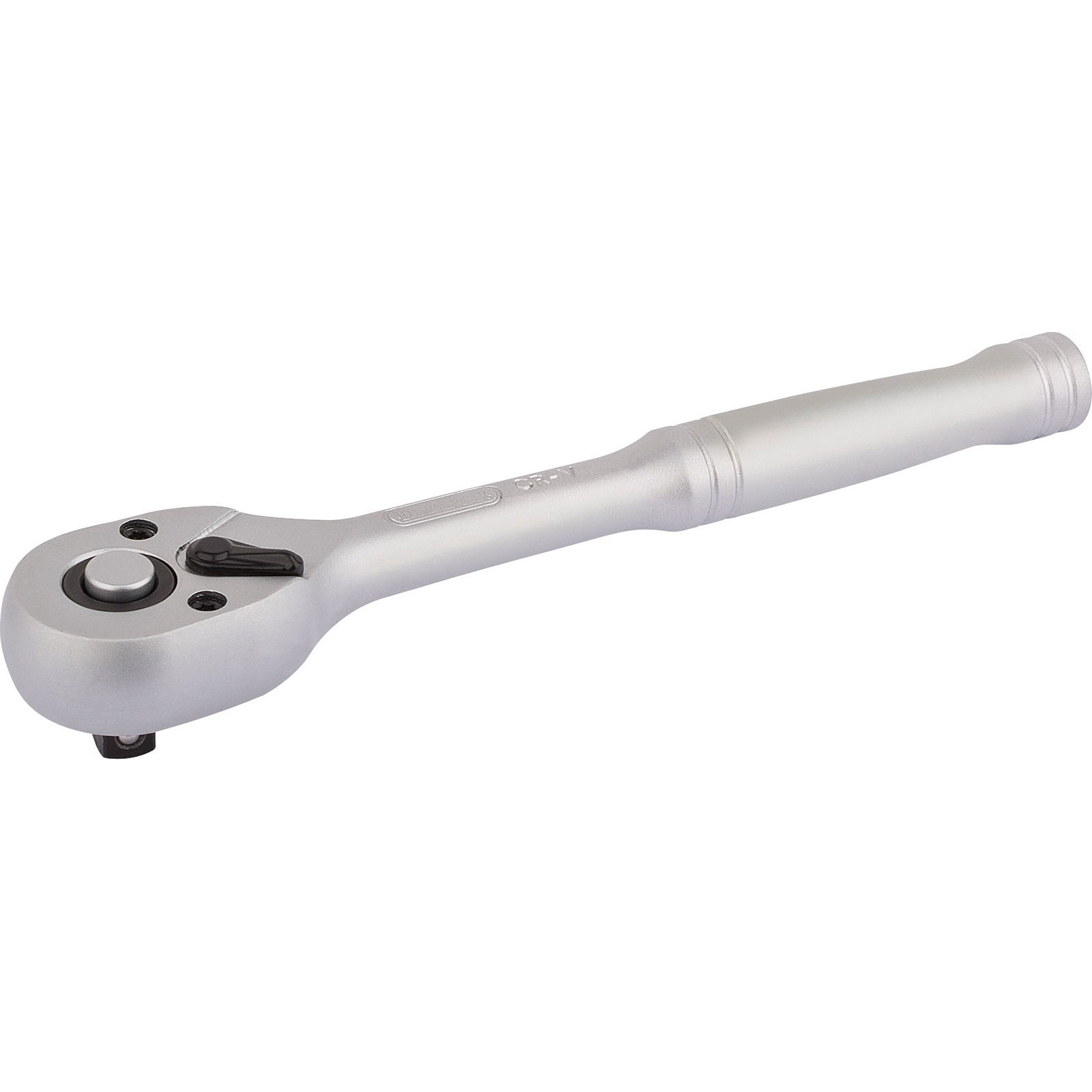 Silver 1/4" square drive ratchet with a 72-tooth mechanism, featuring a reversible switch and a smooth, ergonomic handle for comfortable grip.