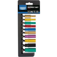 Draper 1/4'' Sq. Dr. Metric Coloured Deep Socket Set with 10 multicolored sockets on black holder.