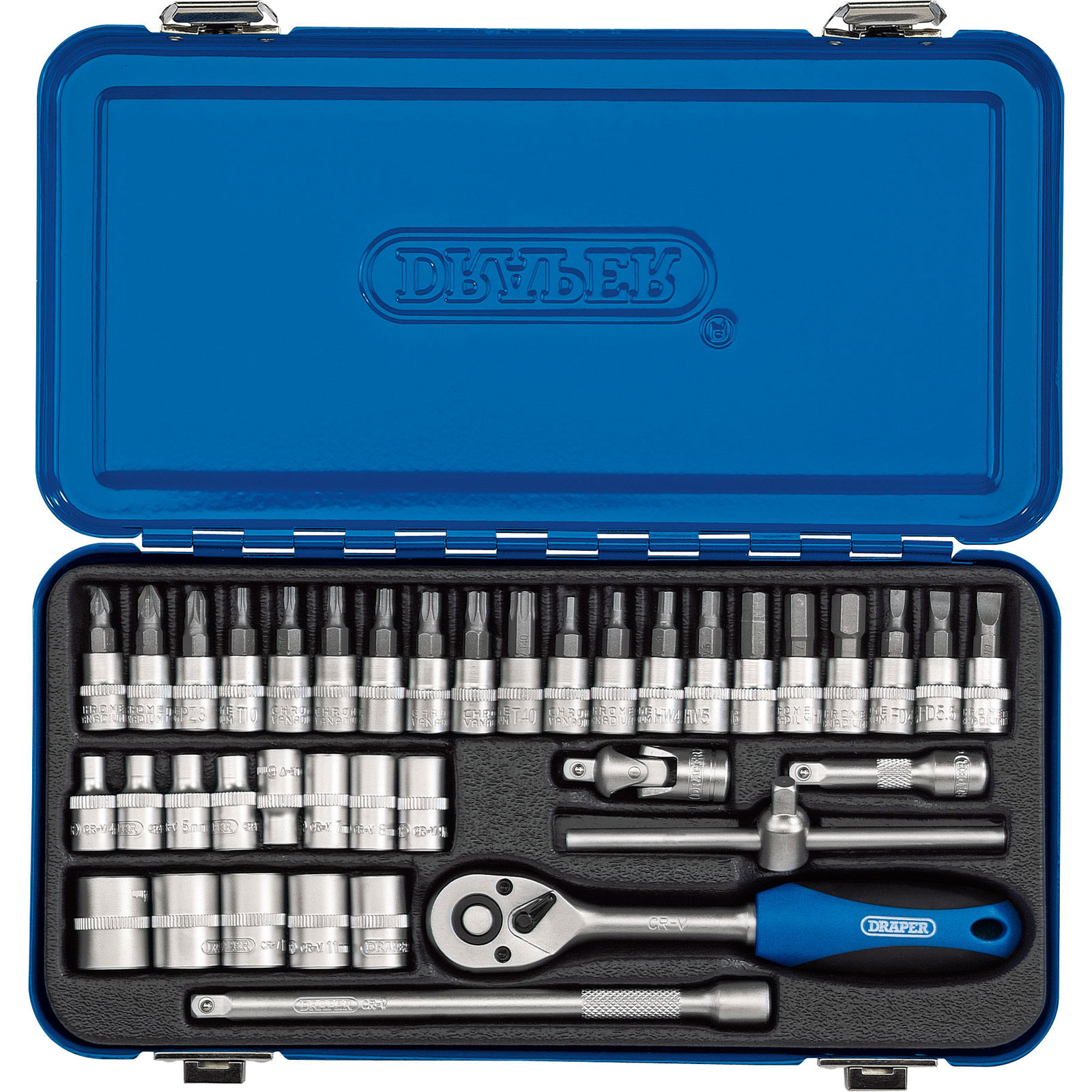 Blue metal case containing a 38-piece Draper metric socket set, featuring shiny chrome sockets, a ratchet handle, and various attachments neatly organized inside.
