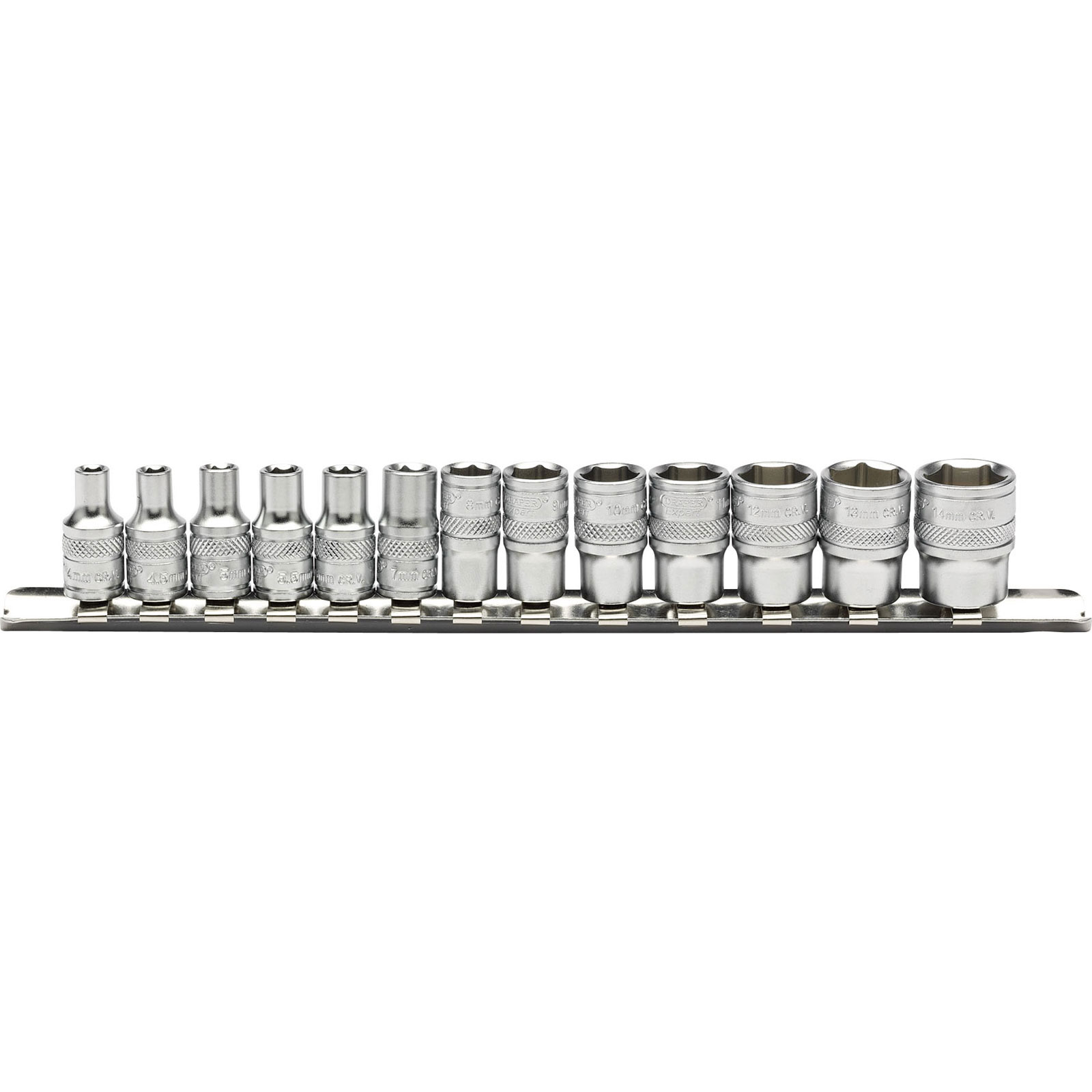 Draper Expert 16487 1/4" square drive metric socket set on a metal rail, featuring shiny chrome-plated sockets in various sizes, arranged neatly for easy access.