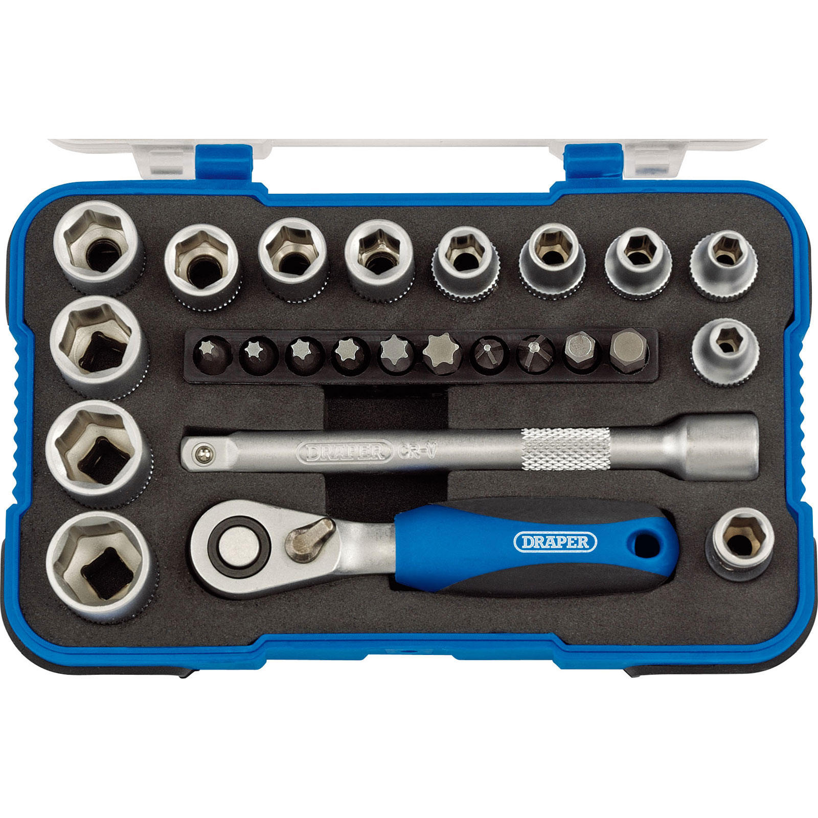 25-piece Draper 16354 metric socket set featuring chrome vanadium steel sockets, a ratchet handle with a blue grip, and organized in a sturdy blue and black case.
