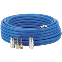 Blue Draper air tool connection kit with coiled hose and four metallic connectors.
