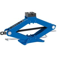 Blue Draper 1.5 Tonne Scissor Jack with black saddle and silver handle, compact and sturdy design.