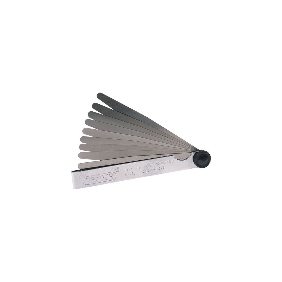 Draper 36174 10 Blade Imperial Feeler Gauge Set features stainless steel blades in various thicknesses, attached to a sturdy metal handle with a black knob for easy use.