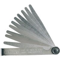 "Draper 10 Blade Metric Feeler Gauge Set with silver metal blades fanned out and engraved measurements"