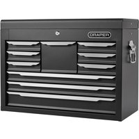 Black Draper 10 Drawer Tool Chest with silver handles, lockable top, and side handle for portability.