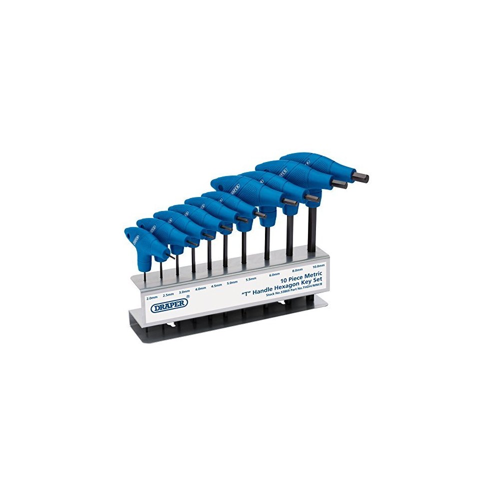 Ten-piece Draper metric T-handle hexagon key set with blue rubber grips and black steel shafts, displayed on a white stand with labeled sizes.