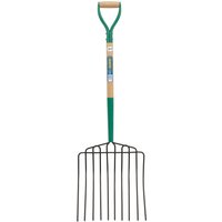 Draper 10 prong manure fork with green MYD handle and wooden shaft.