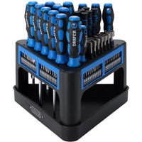 Draper 100 piece screwdriver and socket set with blue handles on a black organizer stand.