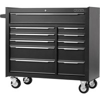 Black Draper 11 Drawer Tool Roller Cabinet with silver handles and four caster wheels.