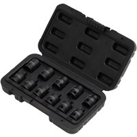 Draper 11 piece 3/8" drive impact pipe plug socket set in black case with organized slots for each socket.